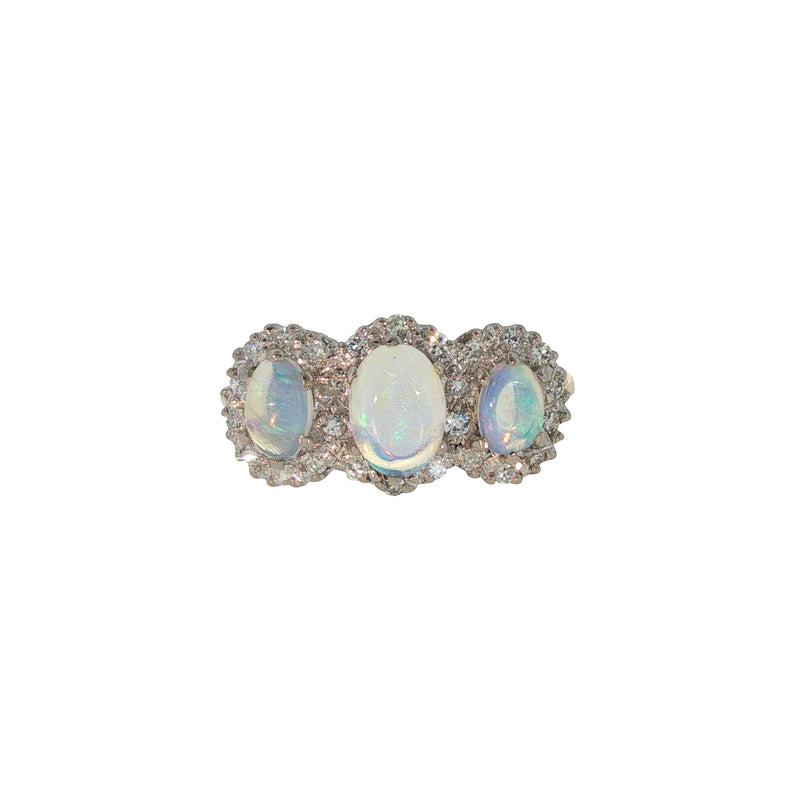 Pre-Owned 18K Yellow Gold 3 Oval Opals Halo Diamond Ring