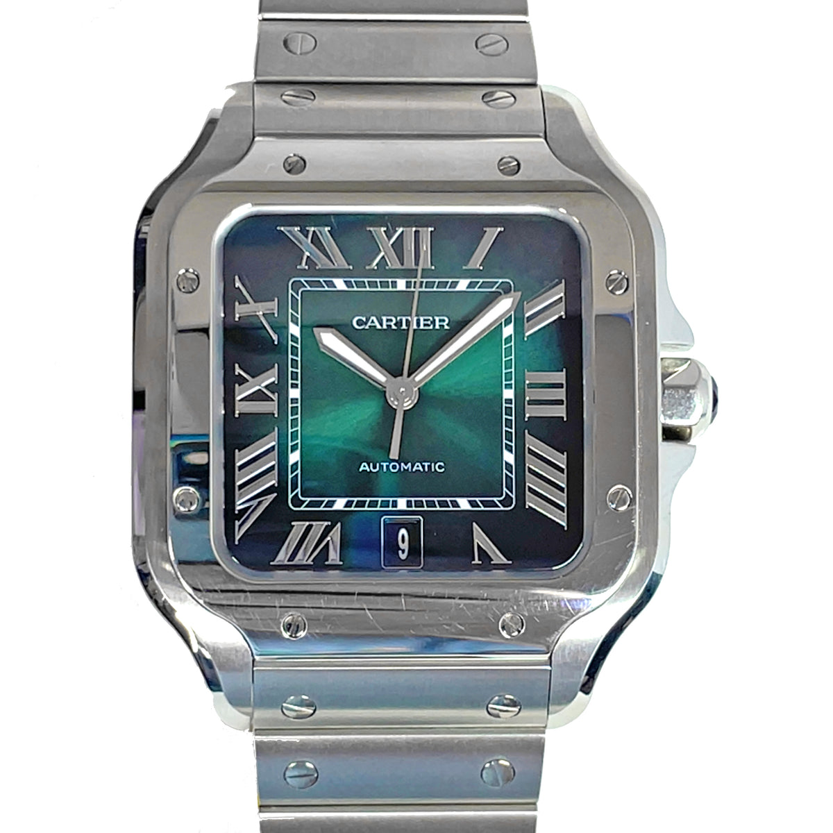 Pre- Owned Santos de Cartier Green Dial Mechanical Movement Watch WSSA0062