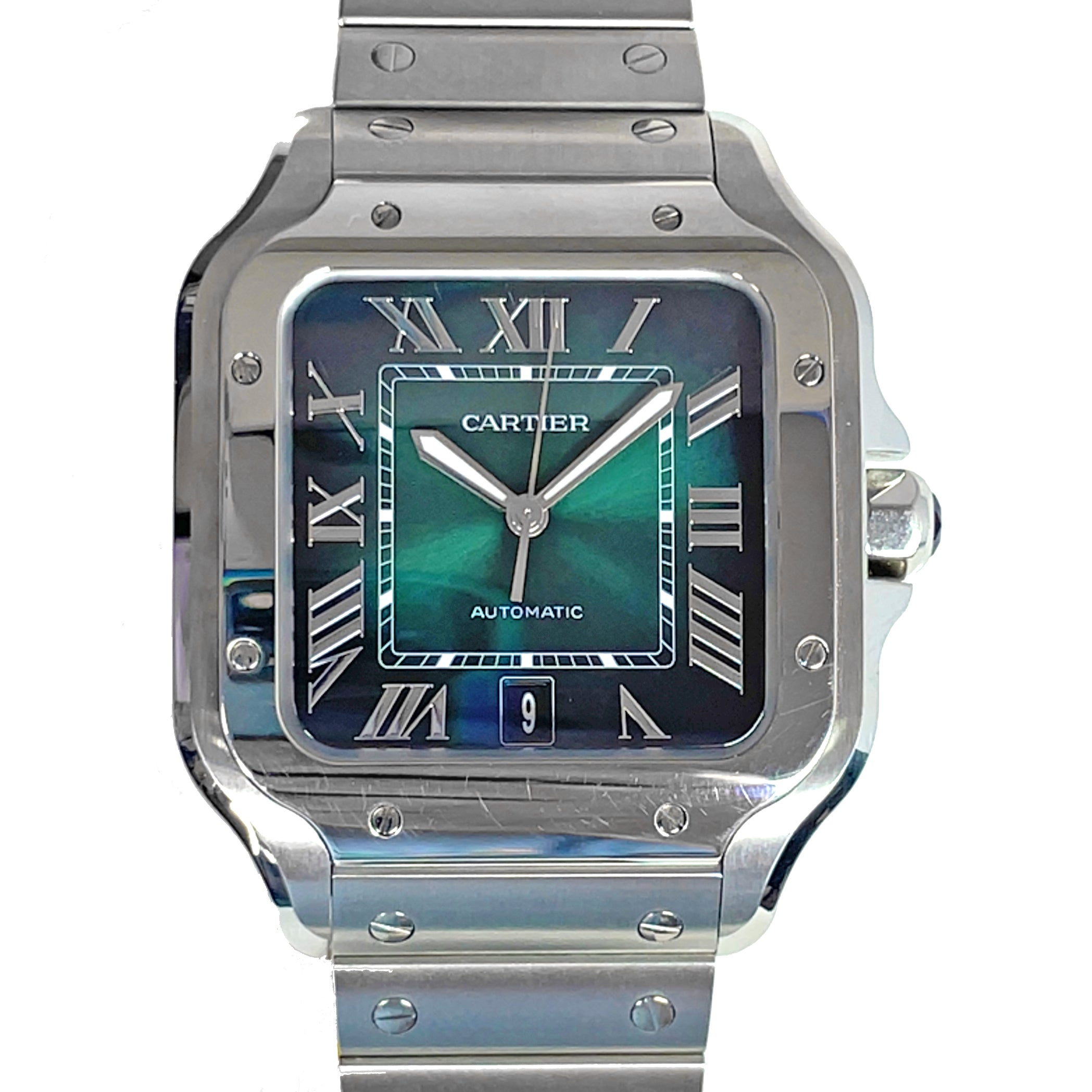 Pre- Owned Santos de Cartier Green Dial Mechanical Movement Watch WSSA0062 img1