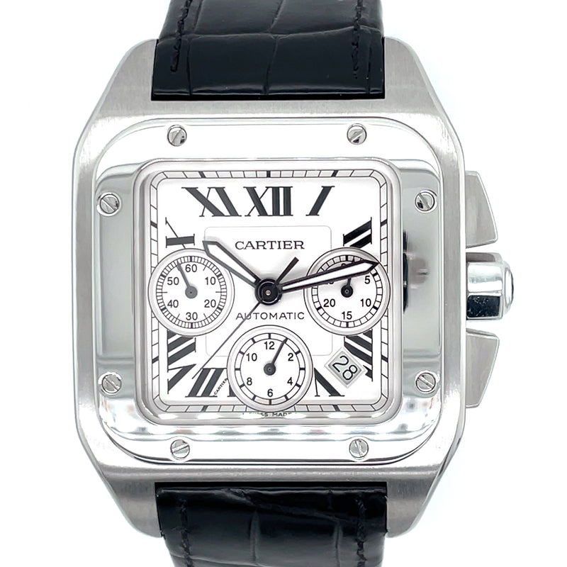 Pre-owned Cartier Santos 100-XL chronographW20090X8 Silver 42mm Watch img1