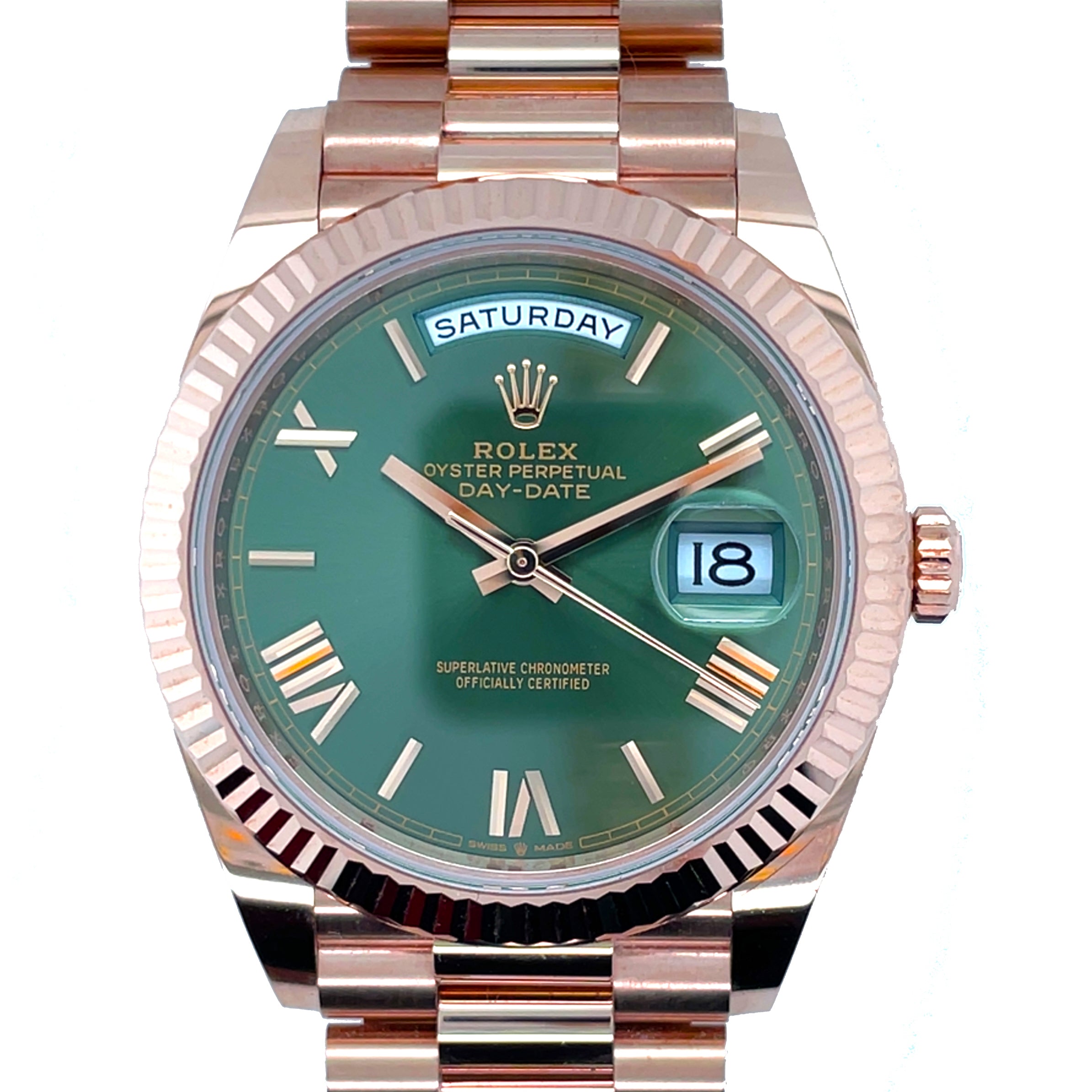 Pre-owned Rolex Day-Date Olive Green 40mm Oyster President Everose Gold img1