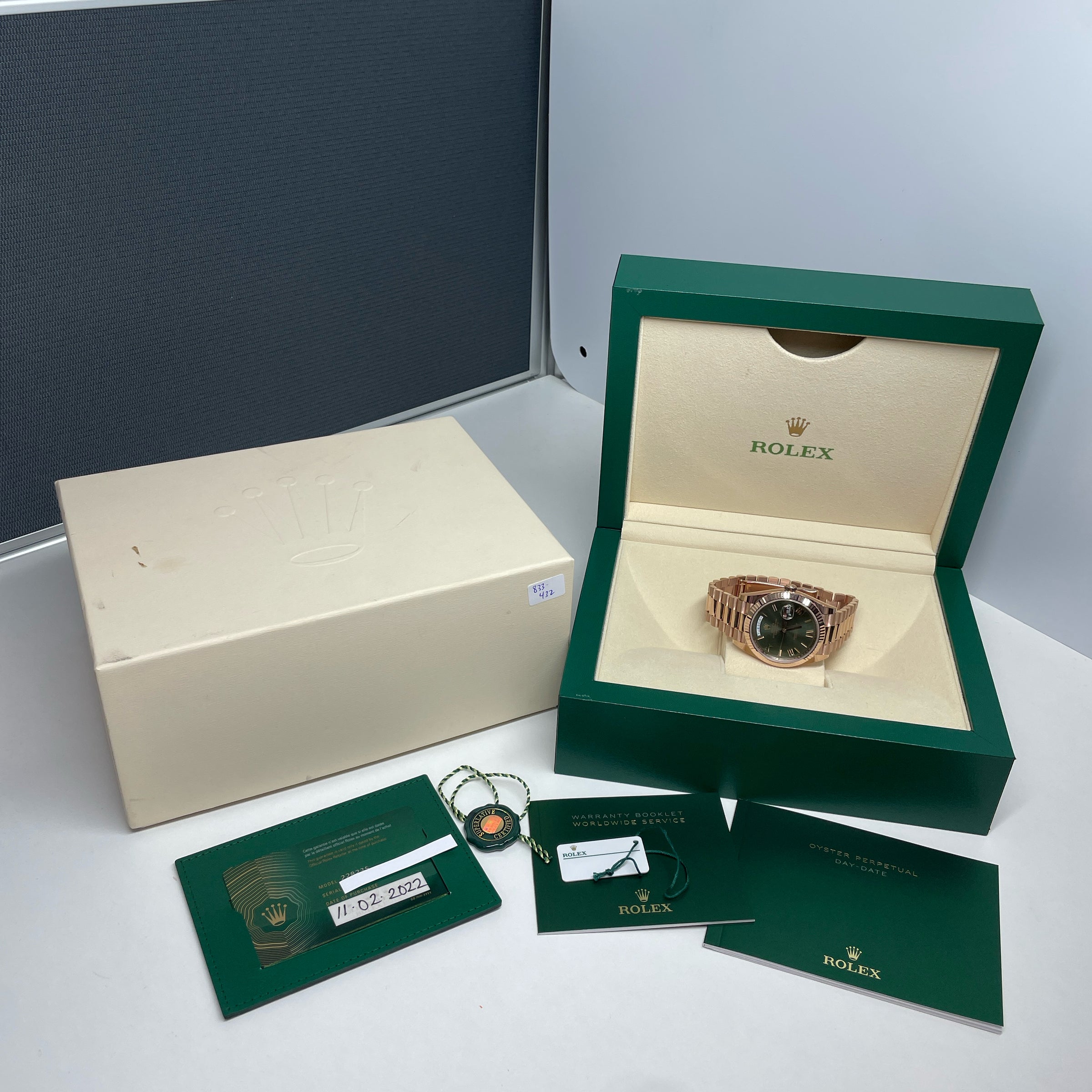 Pre-owned Rolex Day-Date Olive Green 40mm Oyster President Everose Gold img10