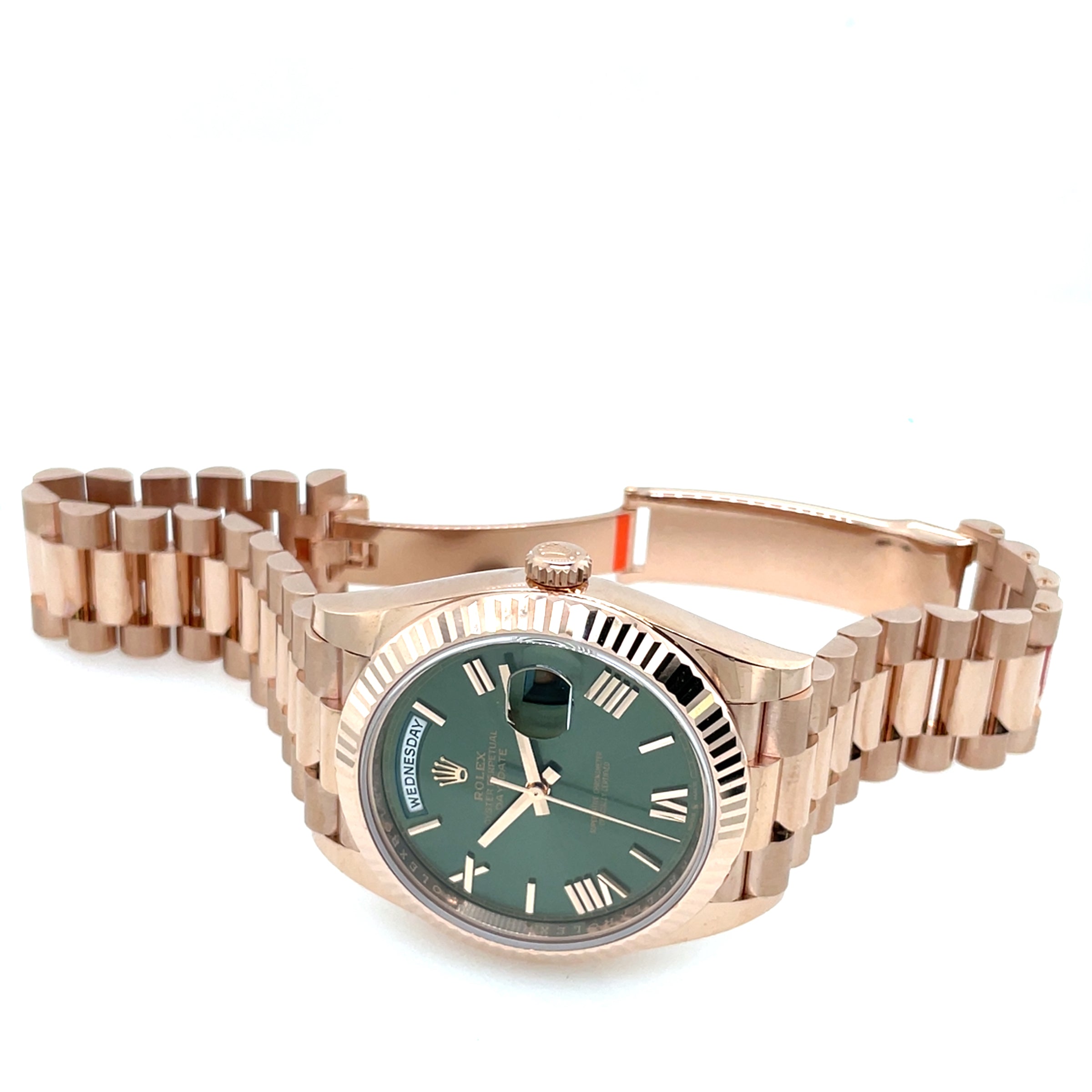 Pre-owned Rolex Day-Date Olive Green 40mm Oyster President Everose Gold img2