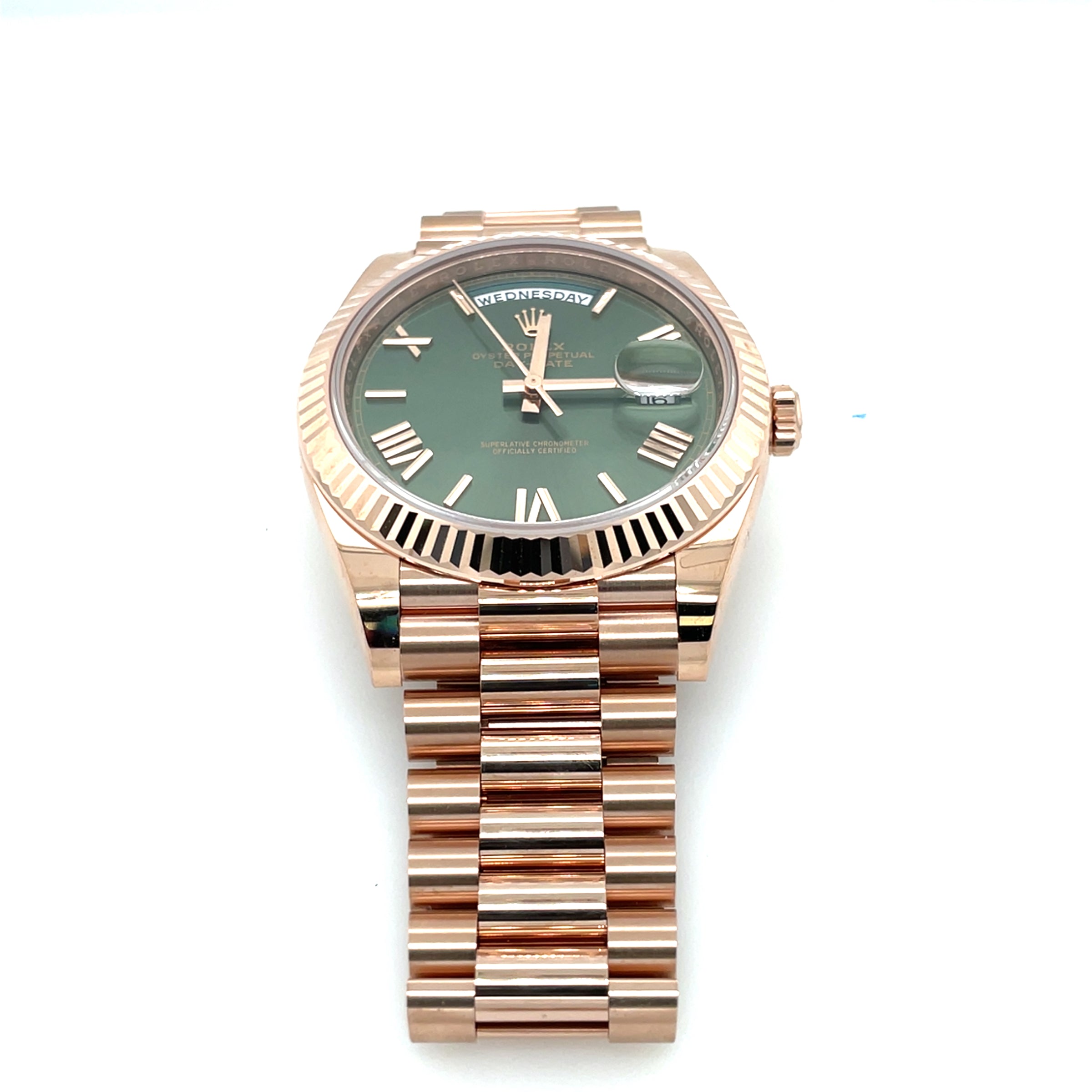Pre-owned Rolex Day-Date Olive Green 40mm Oyster President Everose Gold img4