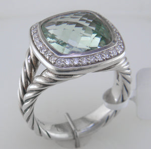 Pre-owned David Yurman Albion Prasiolite 11MM Ring with Diamonds, Split Shank