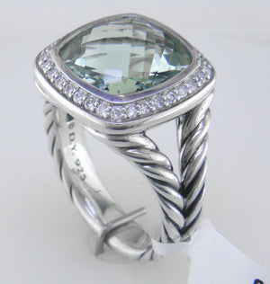 Pre-owned David Yurman Albion Prasiolite 11MM Ring with Diamonds, Split Shank