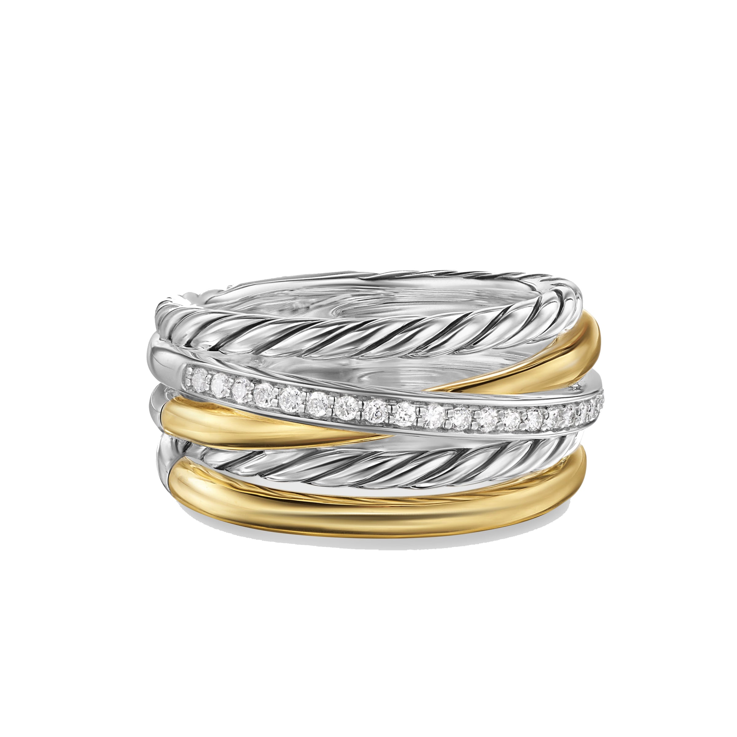David Yurman 5-Row Crossover Silver 18K Yellow Gold Diamond Ring