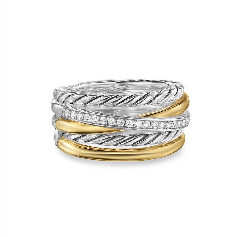 David Yurman Crossover Five Row Ring in Sterling Silver with 18K Yellow Gold and Diamonds, 11mm