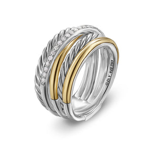 David Yurman Crossover Five Row Ring in Sterling Silver with 18K Yellow Gold and Diamonds, 11mm