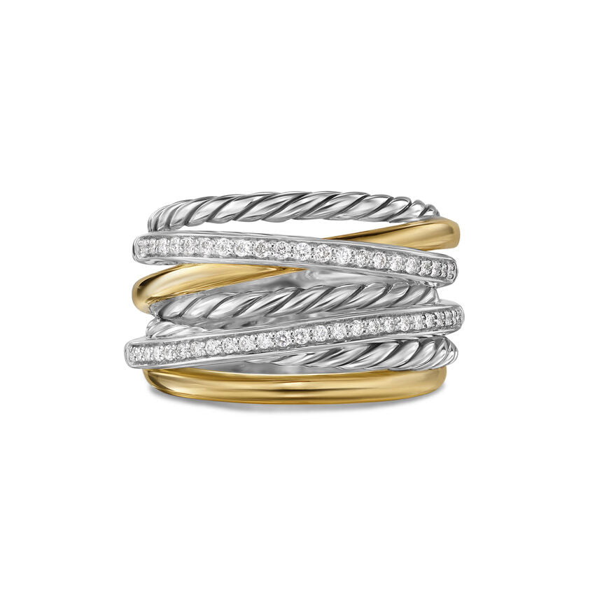 David Yurman Crossover Seven Row Ring in Sterling Silver with 18K Yellow Gold and Diamonds, 16mm - NAGI