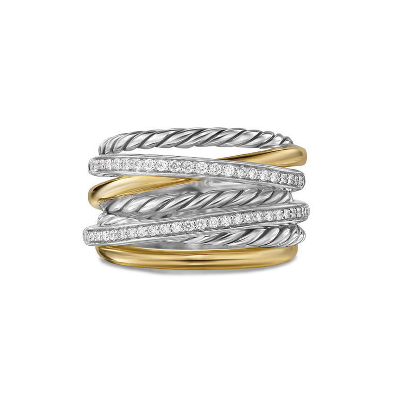David Yurman 7-Row Crossover Silver 18K Yellow Gold Diamond Ring