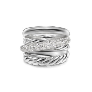 DY Crossover Five Row Ring in Sterling Silver with Diamonds, 17.5mm