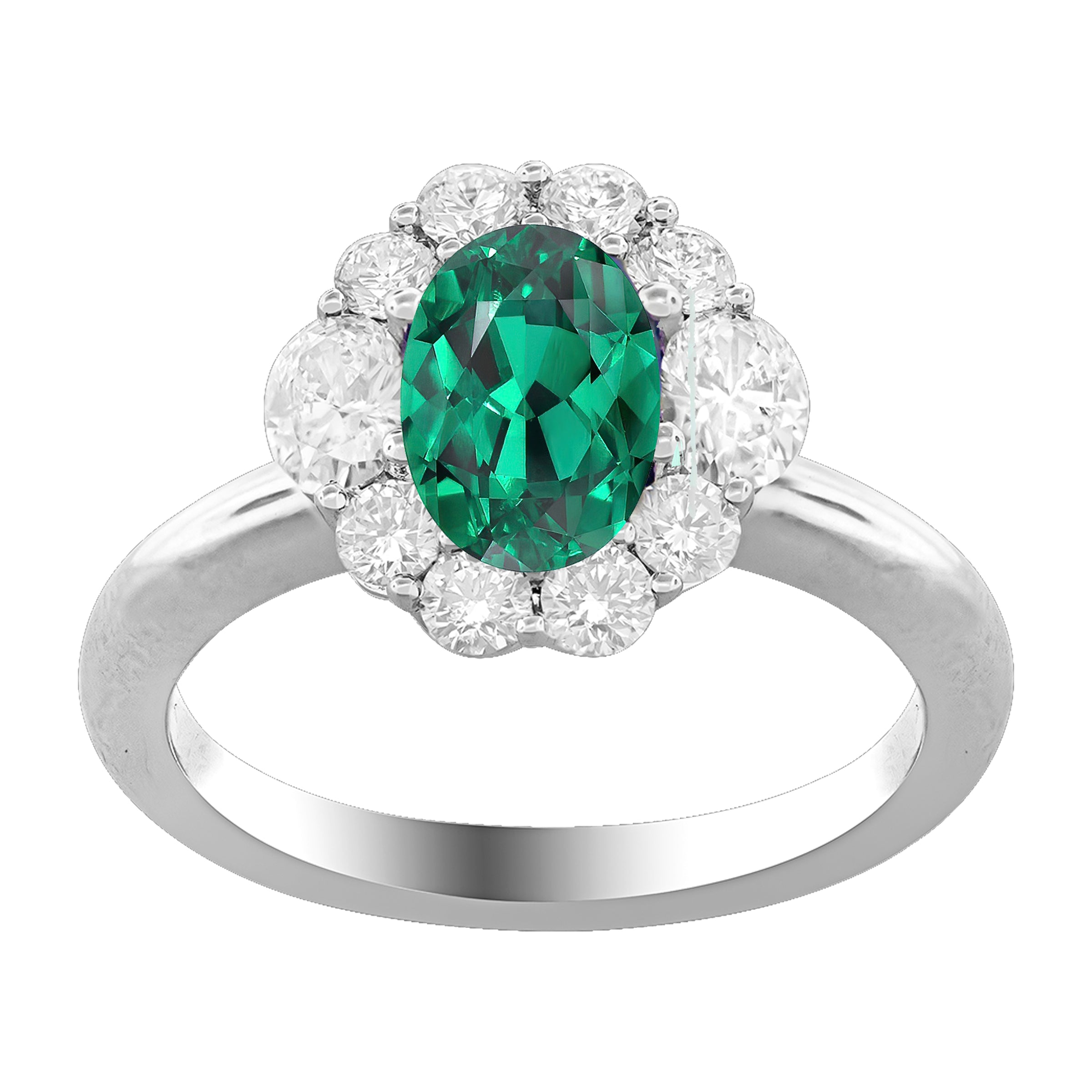 18K White Gold Emerald and Diamond Halo Ring