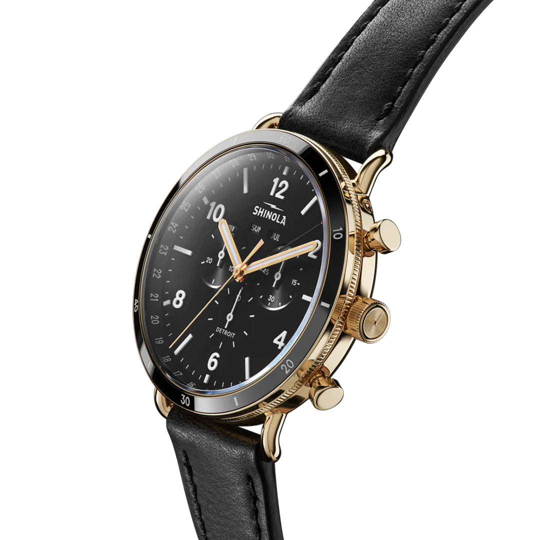 Shinola 45MM Canfield Sport Gold PVD Black Dial Leather Watch - NAGI