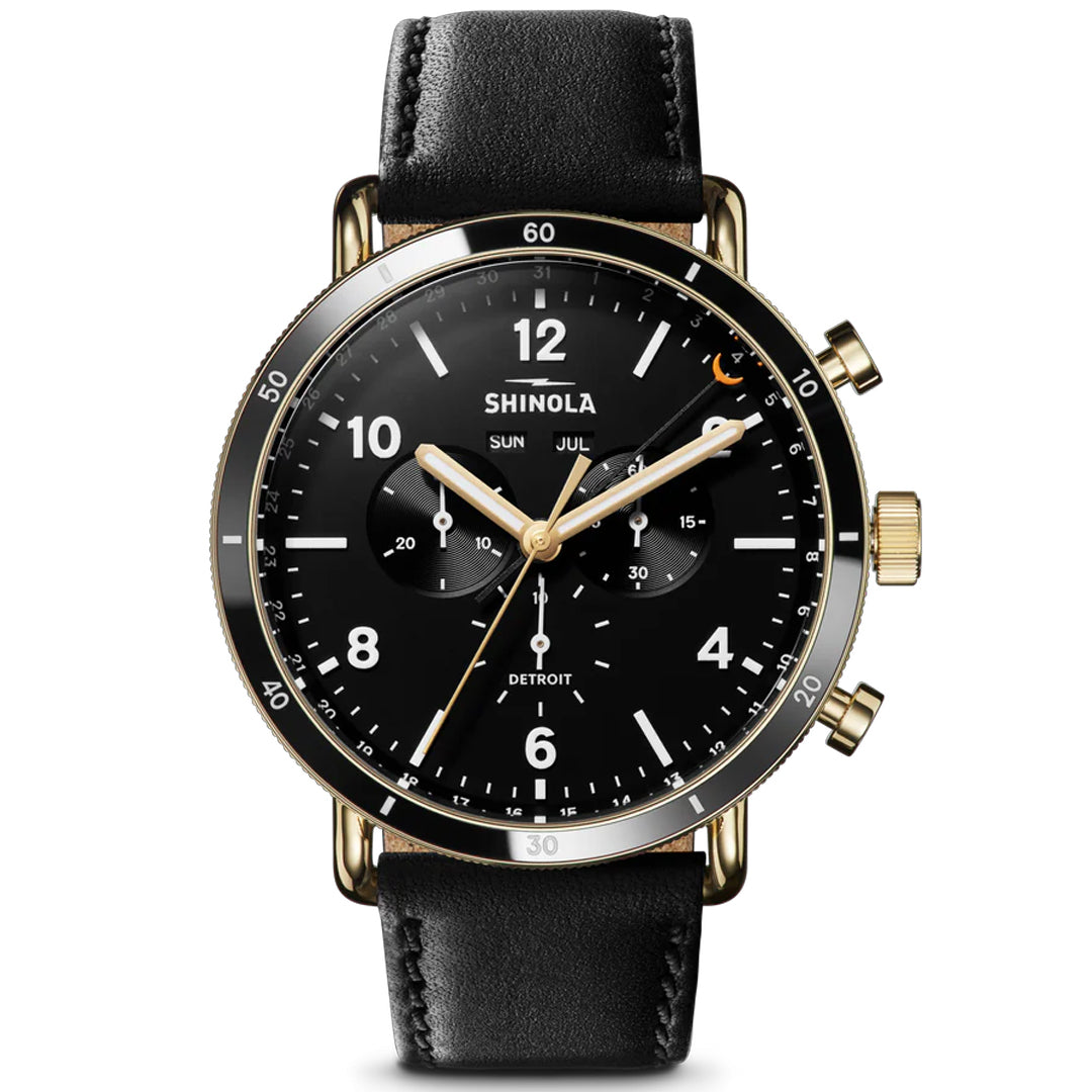 Shinola 45MM Canfield Sport Gold PVD Black Dial Leather Watch