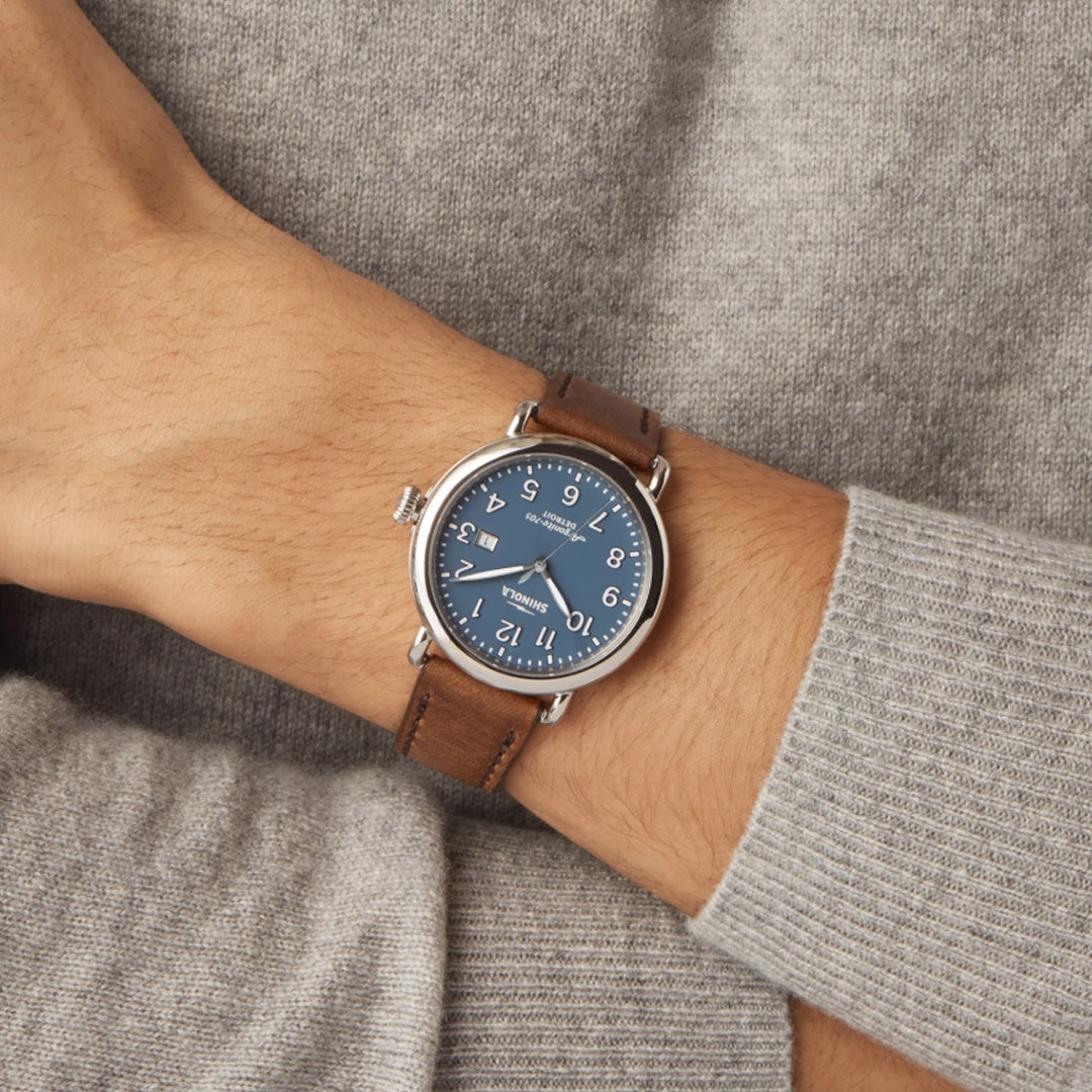 Shinola 41MM Runwel Date Blue Dial British Tan Leather Watch - NAGI