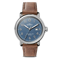 Shinola 41MM Runwel Date Blue Dial British Tan Leather Watch - NAGI