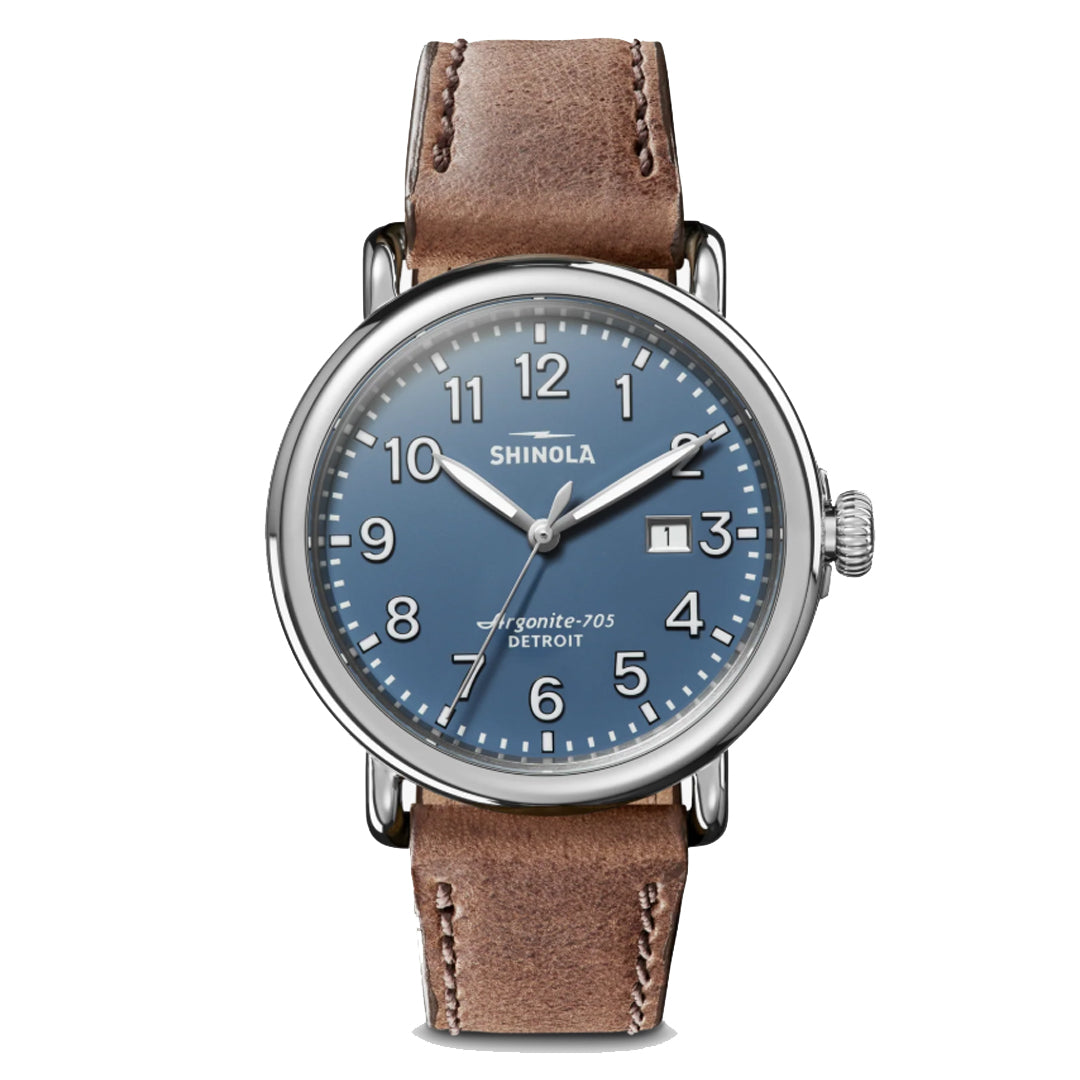 Shinola 41MM Runwel Date Blue Dial British Tan Leather Watch - NAGI