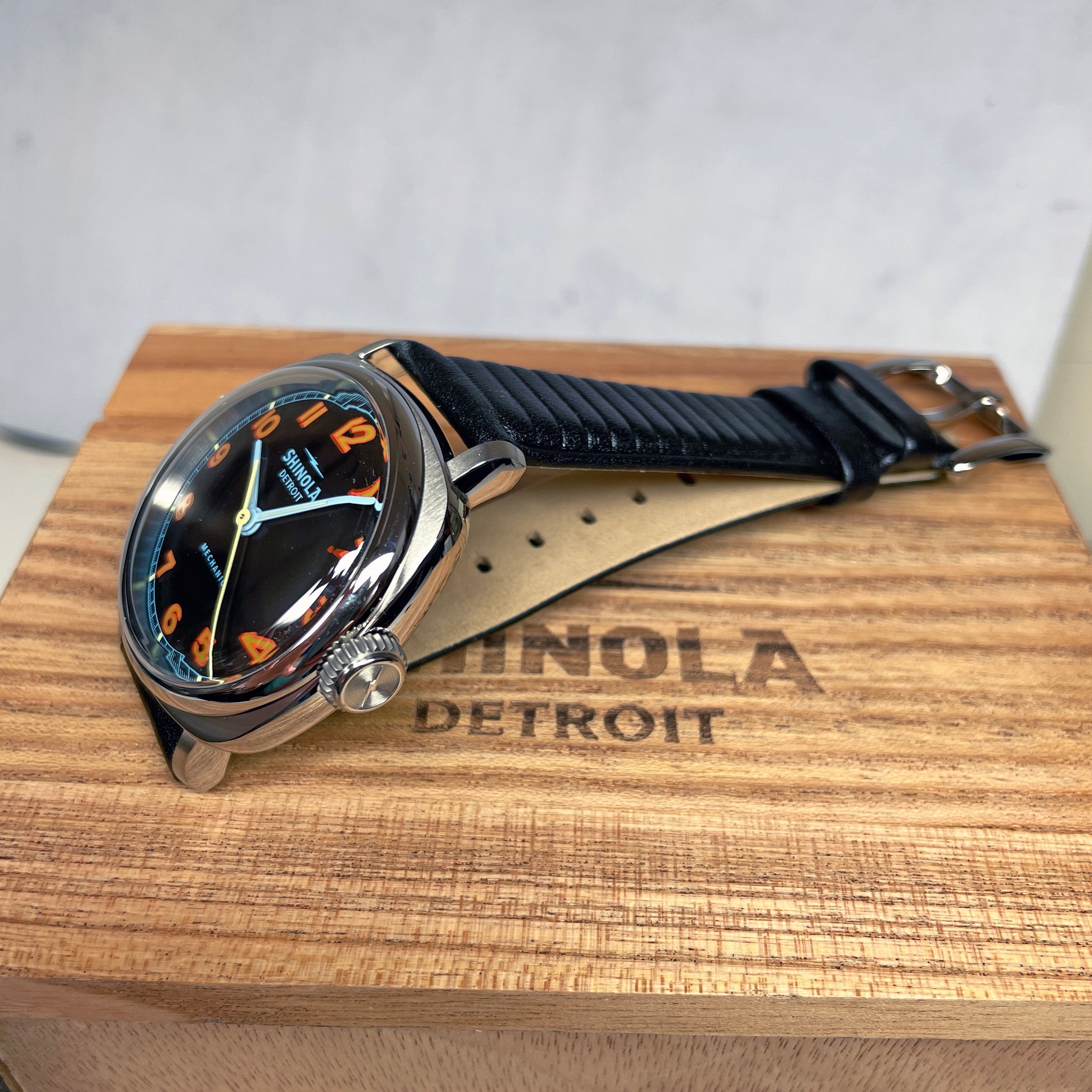 Shinola Mechanic 39mm Black Dial Blue Orange Numerals Watch S0120235330