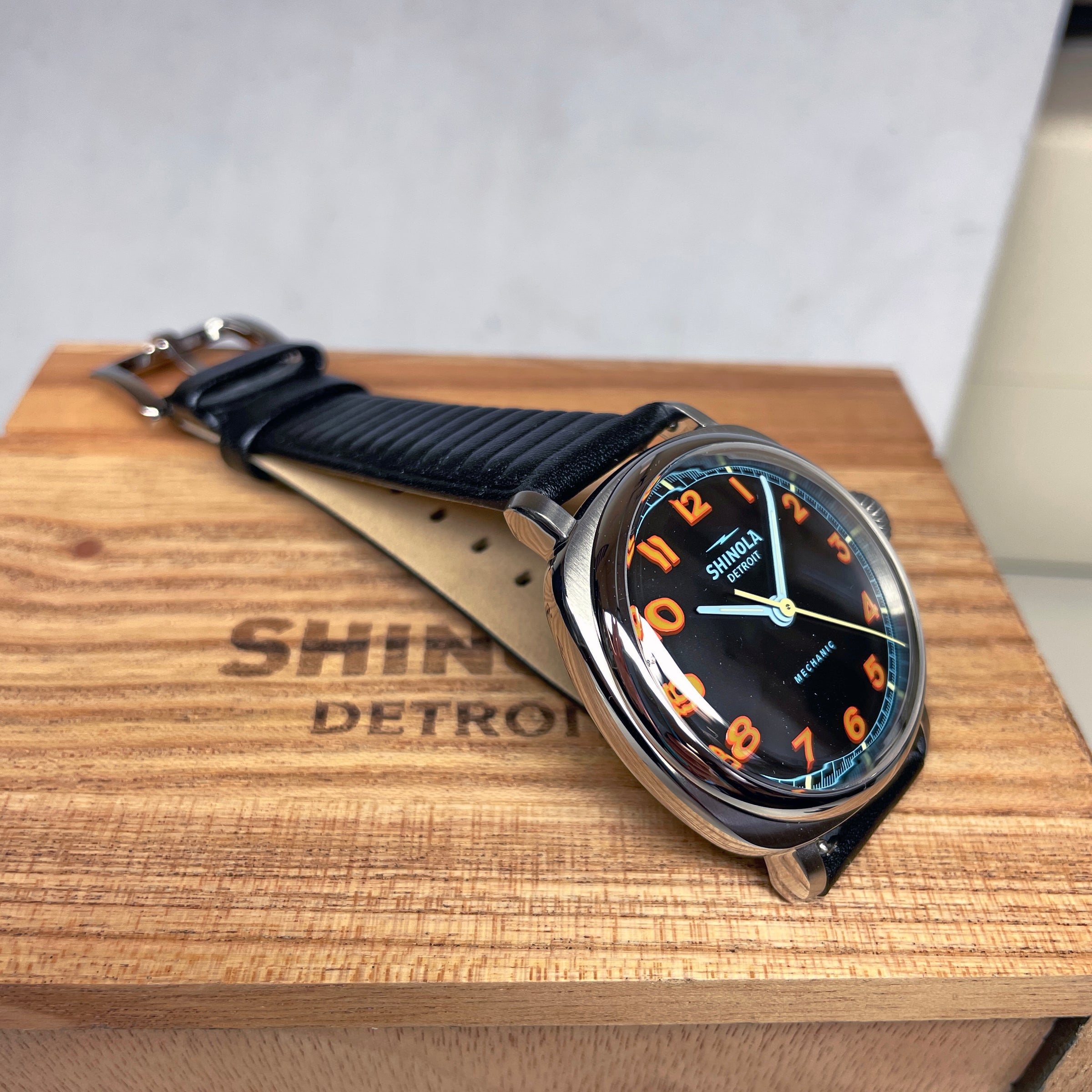 Shinola Mechanic 39mm Black Dial Blue Orange Numerals Watch S0120235330