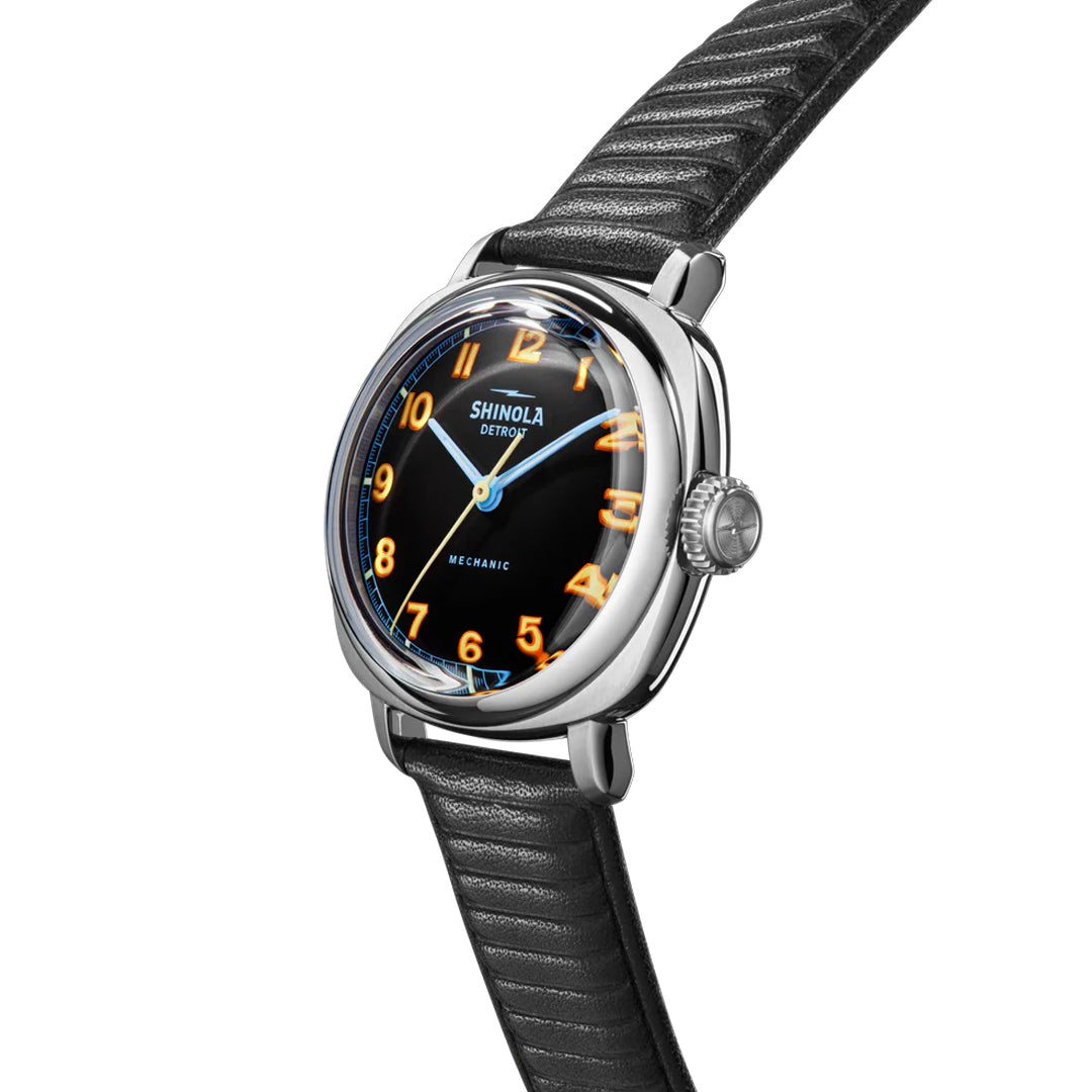 Shinola Mechanic 39mm Black Dial Blue Orange Numerals Watch S0120235330