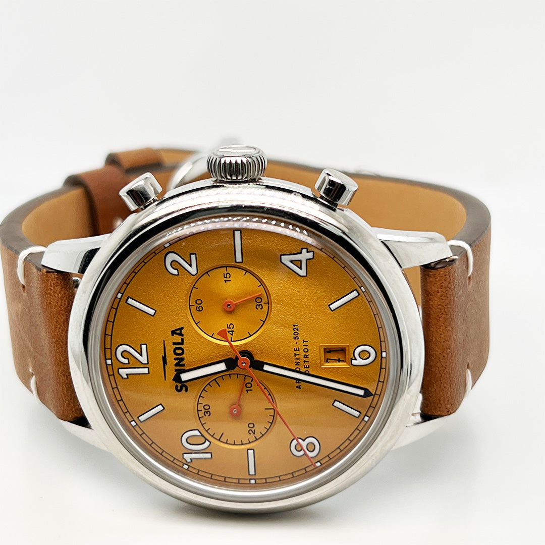 Pre-Owned Shinola Traveler 2-Eye Chronograph Yellow Dial Watch