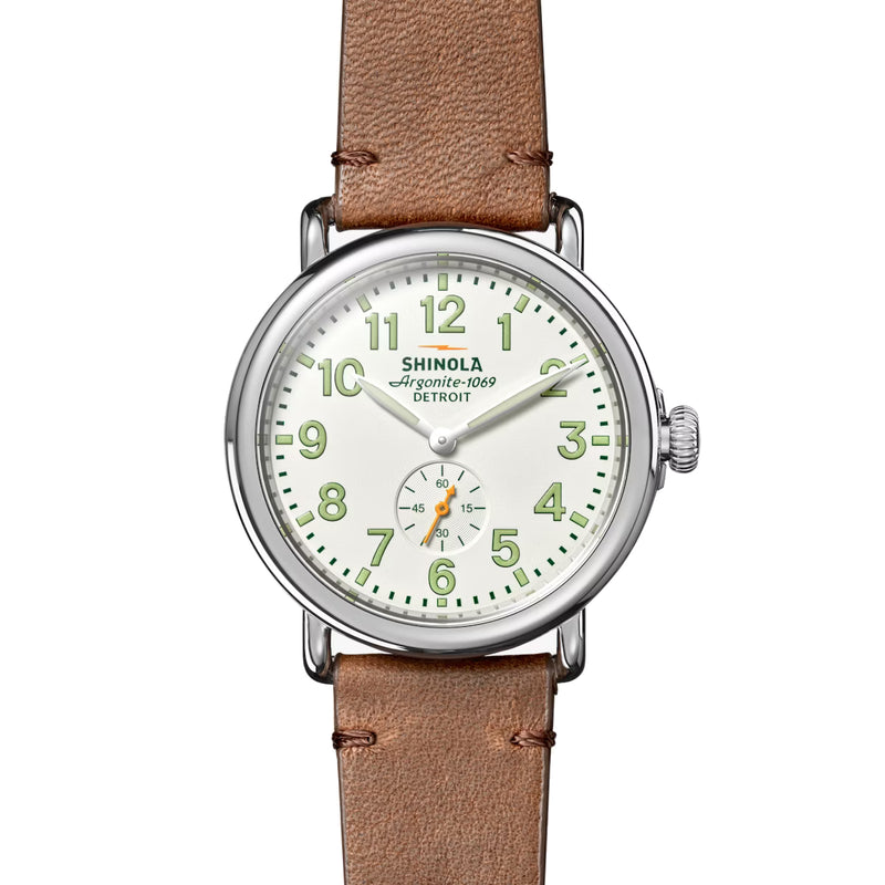 Shinola 41MM Runwell Velvet Alabaster with Green Tan Leather Watch S0120282832