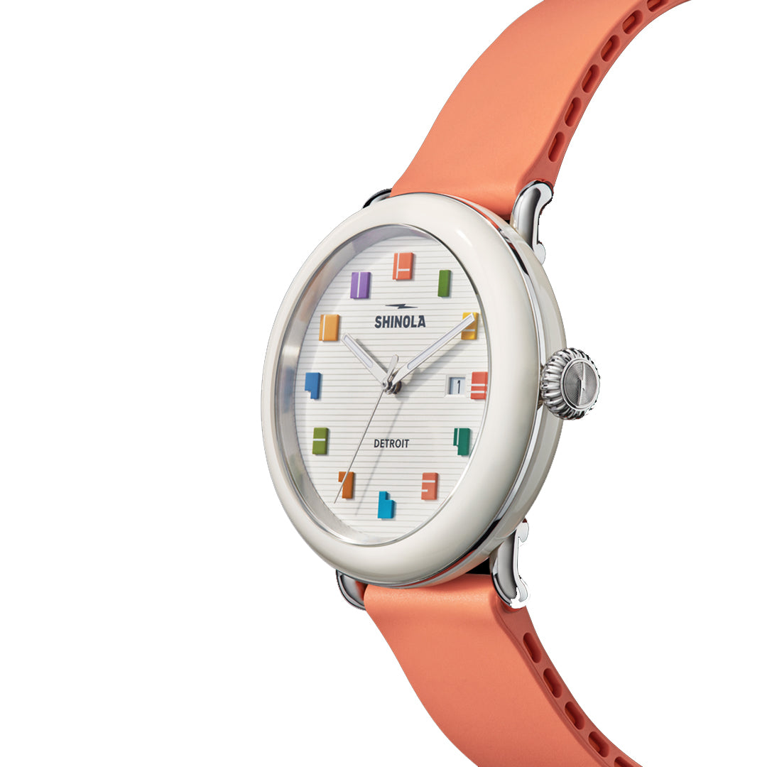 Shinola 41MM Detrola White Dial Peach Strap Limited Color Watch - NAGI