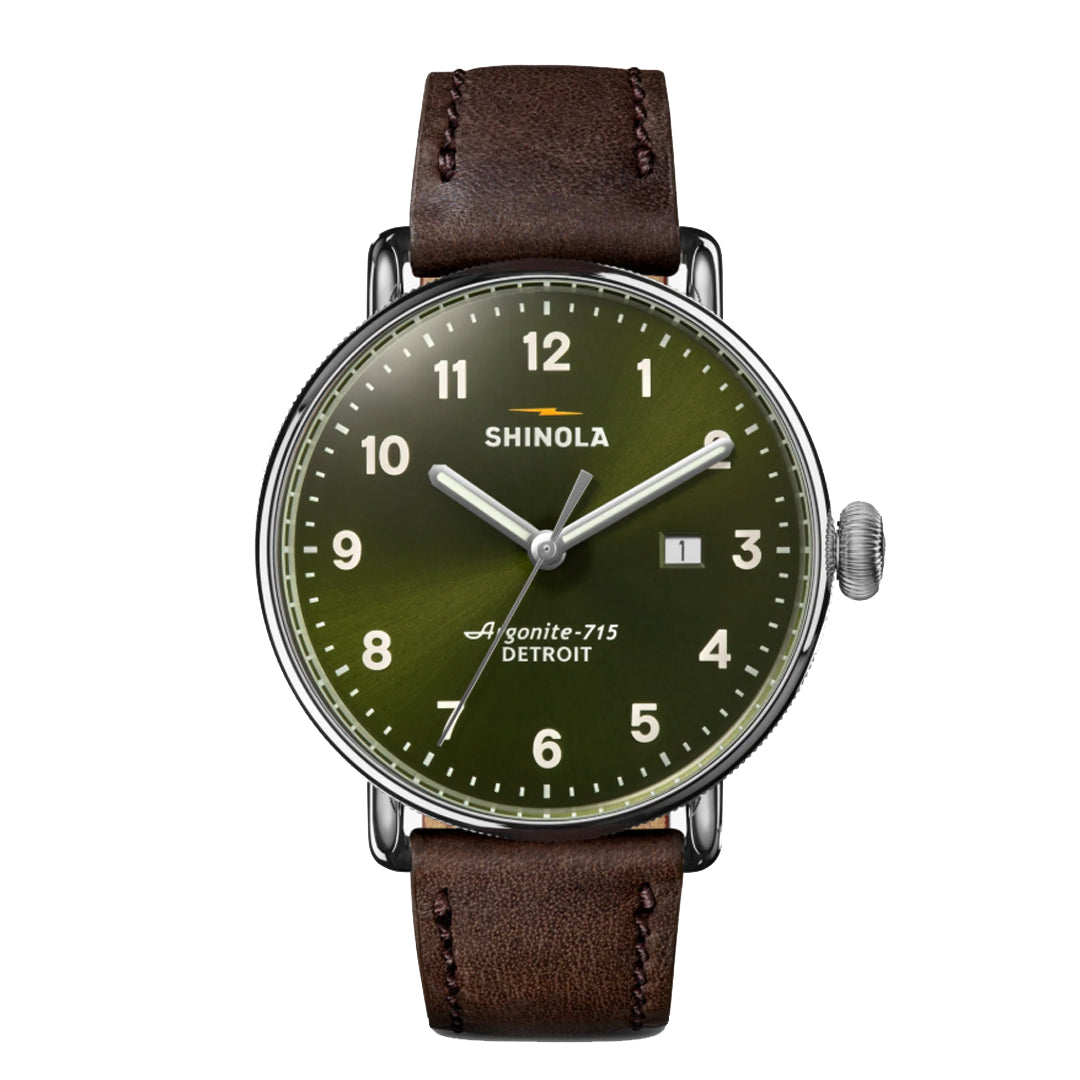 Shinola 43MM Canfield Dark Olive Green Dial Leather Strap Watch - NAGI