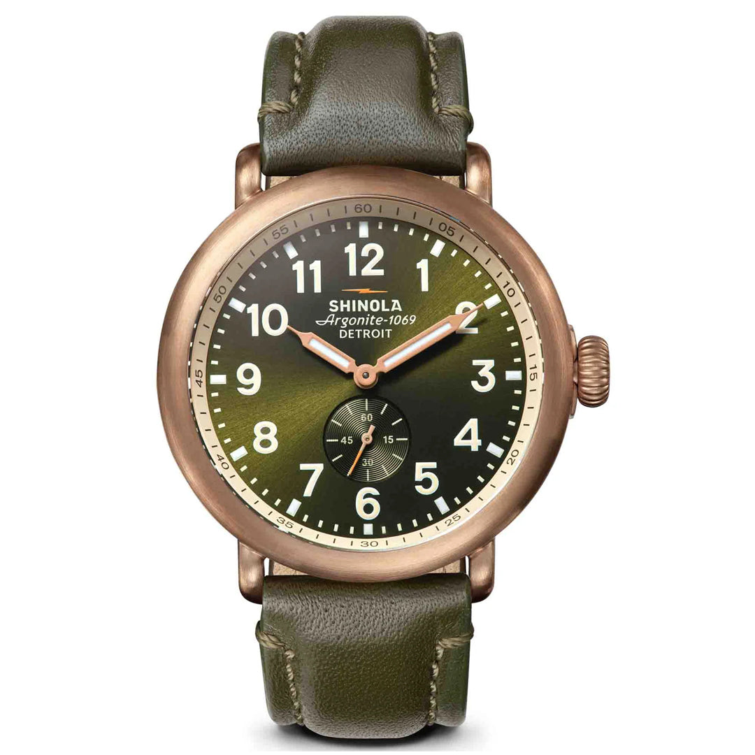 Shinola Runwell 43MM Dark Green Olive Dial and Strap Bronze Case Quartz Watch