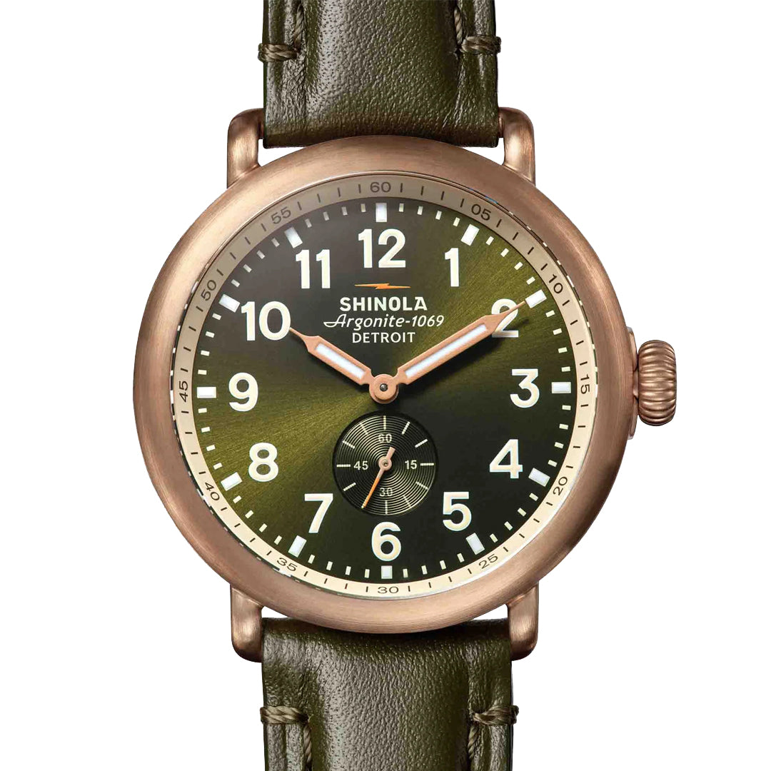 Shinola Runwell 43MM Dark Green Olive Dial and Strap Bronze Case Quartz Watch