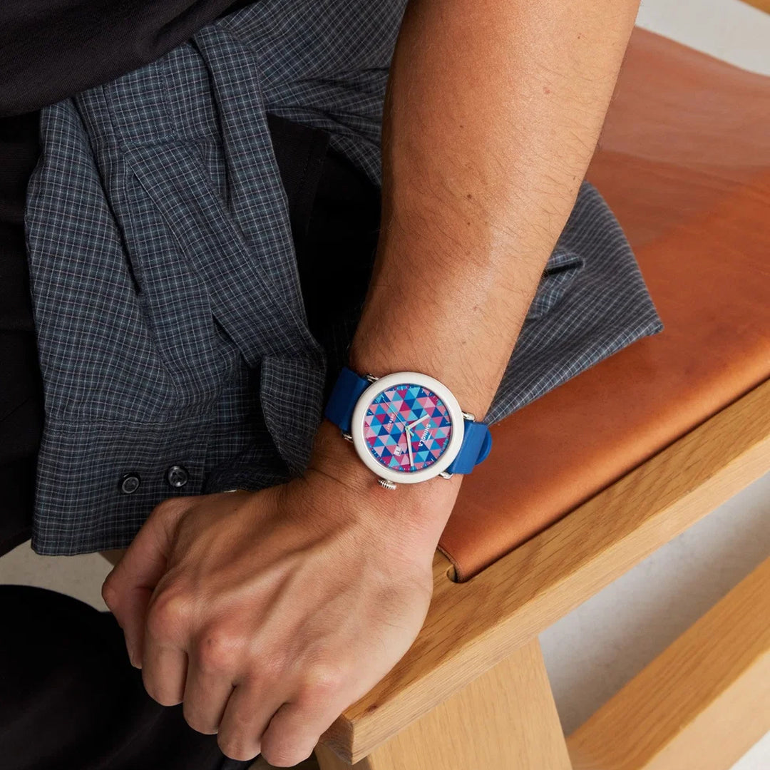 Shinola Detrola 41MM Quartz Pink and Blue Dial Blue Strap Watch