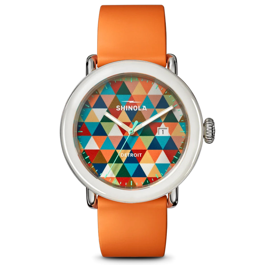 Shinola Detrola 41MM Quartz Multi-Colored Warm Color Theory Dial Orange Strap Watch