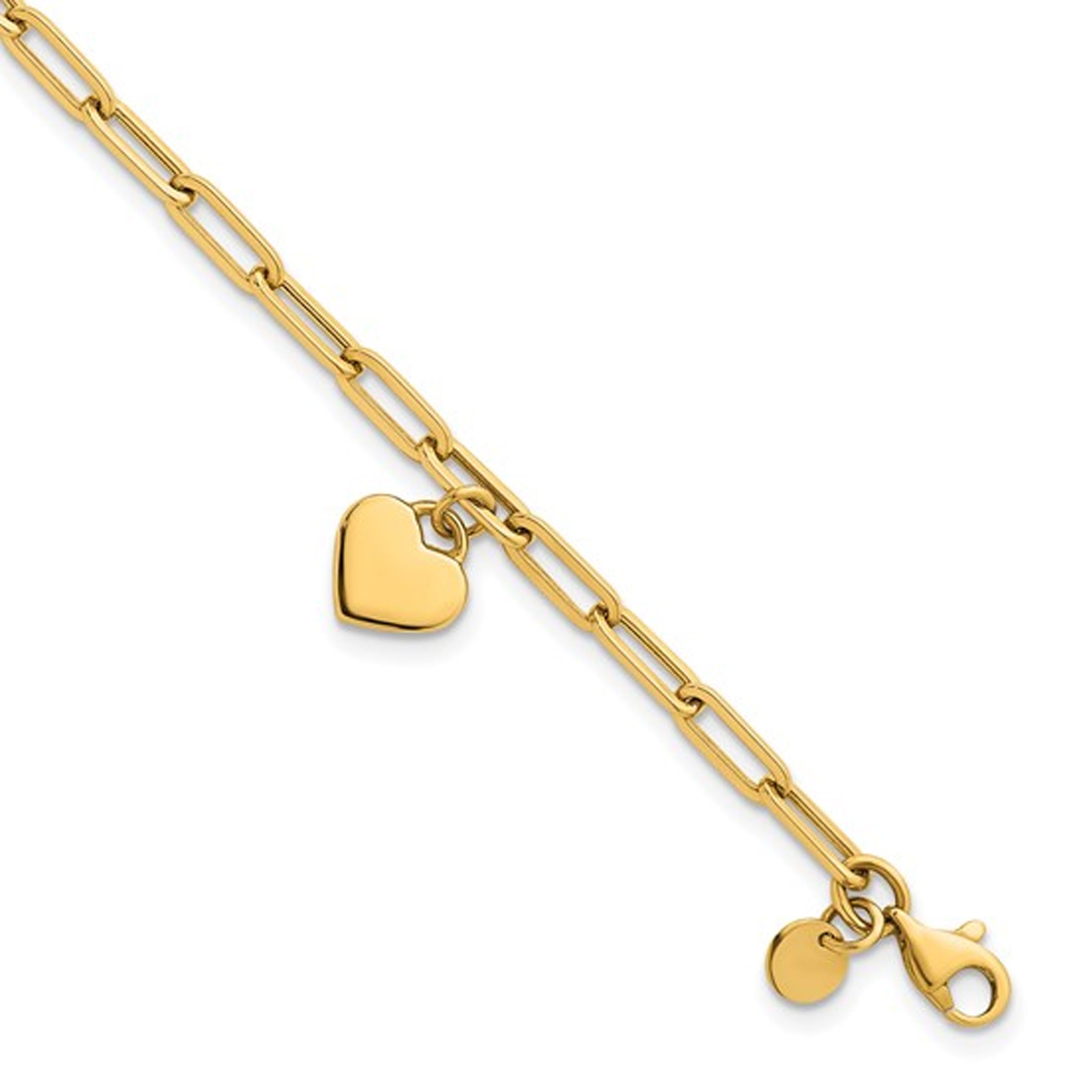 14K Flat Dangle Heart Paperclip Chain Bracelet