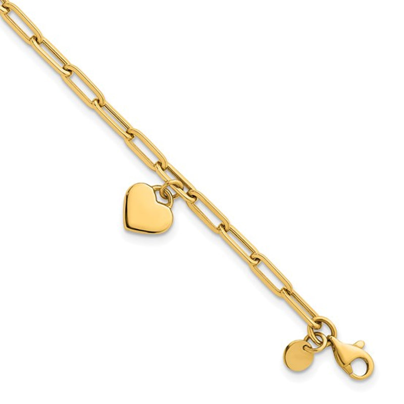 14K Flat Dangle Heart Paperclip Chain Bracelet