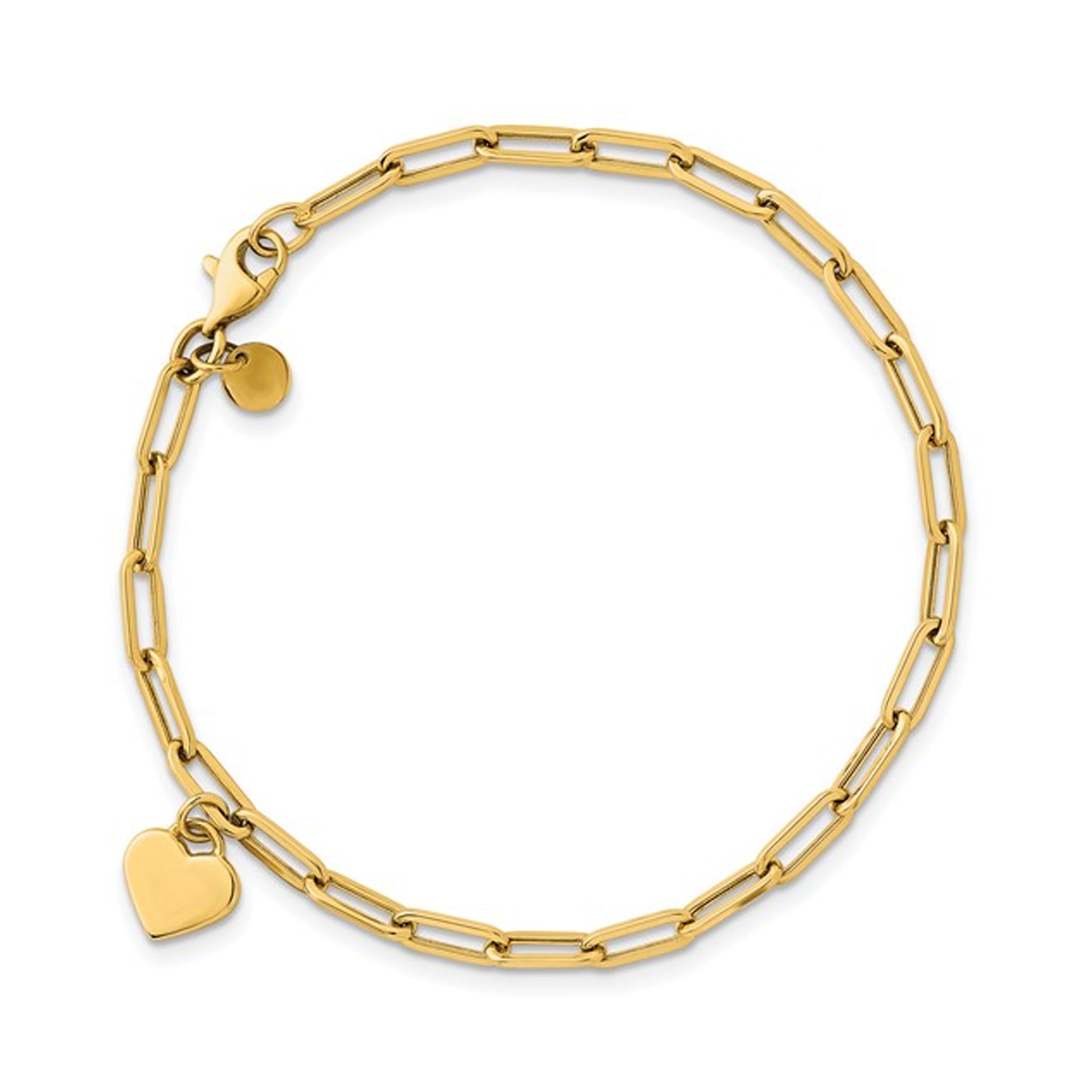 14K Flat Dangle Heart Paperclip Chain Bracelet