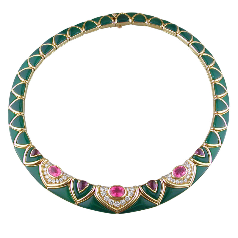 Vintage Van Cleef & Arpels Green Chrysoprase & Pink Tourmaline Diamond Necklace 18K Yellow