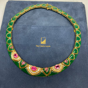 Vintage Van Cleef Arpels Green Chrysoprase & Pink Tourmaline Diamond Necklace 18K Yellow