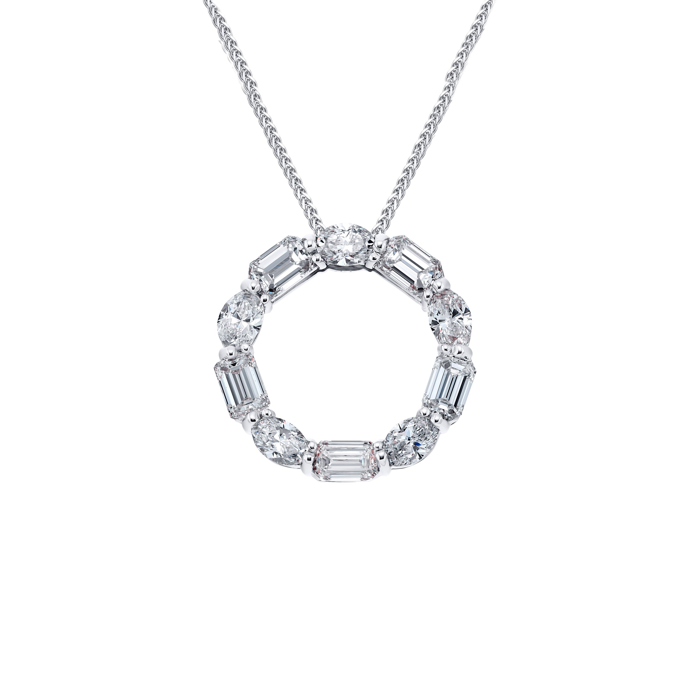 JB Star Platinum Shared Prong Circle Emerald Cut & Oval Cut Diamond Necklace