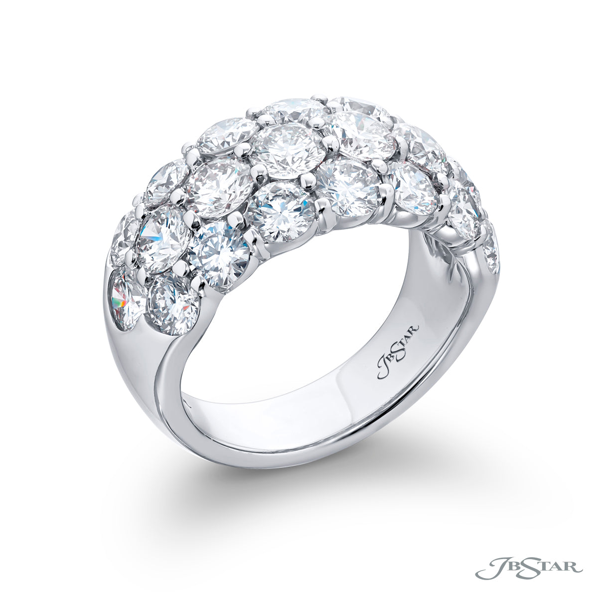 JB Star Platinum Shared Prong Set 3 Rows of Round Cut Diamond Band