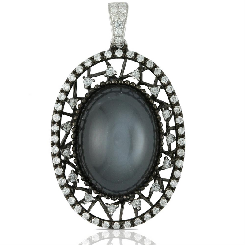 Doves Grey Moonstone Oval Diamond Pendant Necklace 18K Black Gold
