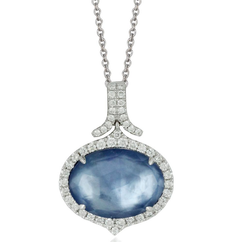 Doves Ivory Sky Blue Lapis, Mother of Pearl, & Topaz Diamond Halo Oval Pendant Necklace