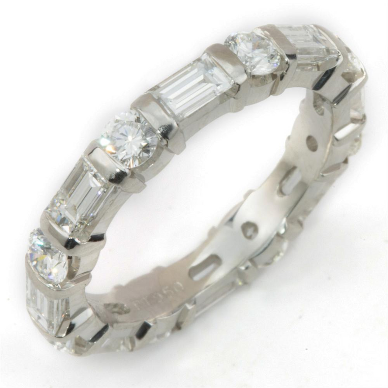 Round & Baguette Diamond Alternating Eternity Bar Set Platinum Wedding Band Ring