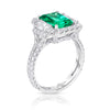 Emerald Ring with Trapezoid Diamonds & Diamond Halo in Platinum