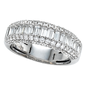 Round & Baguette Diamond Prong Set 18K White Gold Wedding Band Ring