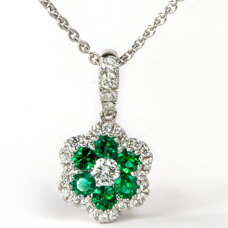 Emerald & Diamond Halo Flower Pendant Necklace 18K White Gold