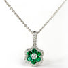 Emerald & Diamond Halo Flower Pendant Necklace 18K White Gold
