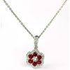 Ruby & Diamond Halo Flower Pendant Necklace 18K White Gold
