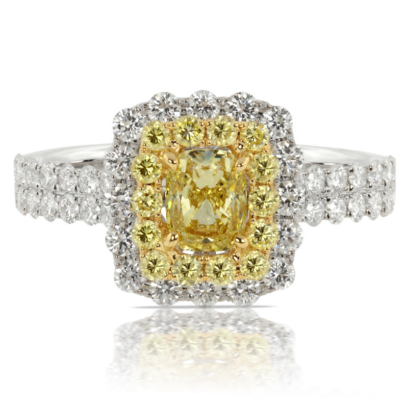 Fancy Yellow Cushion Diamond Halo Engagement Ring 18K White Gold