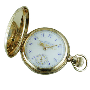 Pre-owned Waltham 14K Yellow Gold Pocket Watch Lever Set Enamel Blue Size 18 Hunter 1896